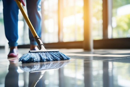 Person cleaning a window with squeegee.